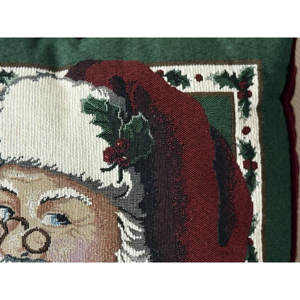 Vintage Christmas Santa Tapestry Throw Pillow With Burgundy‎ Velvet Back 16x18